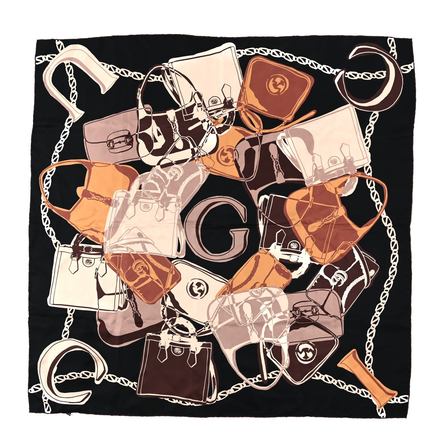 Gucci Silk Twill Bag Print Square Scarf Navy Light Brown 1 of 3