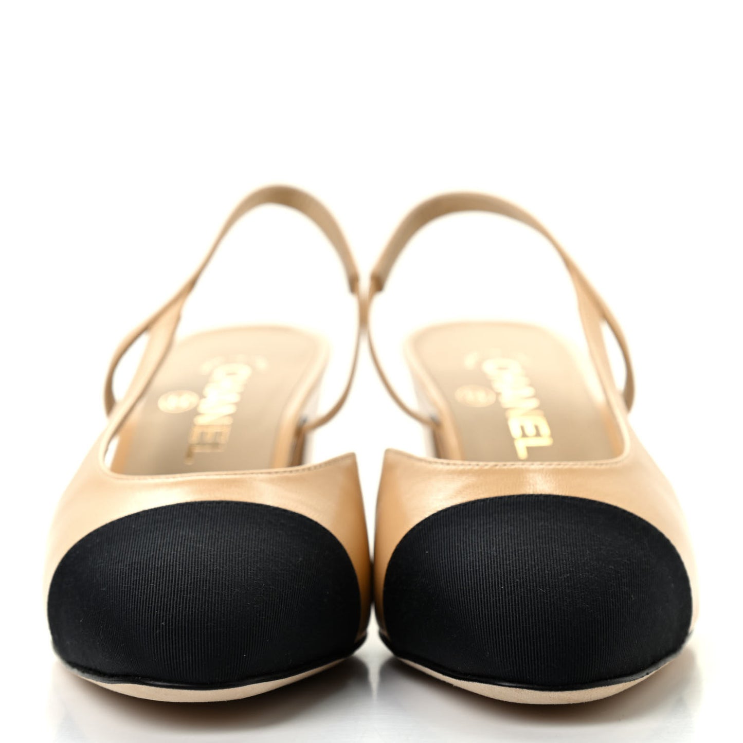 Goatskin Grosgrain Cap Toe CC Slingback Pumps 38 Beige Black