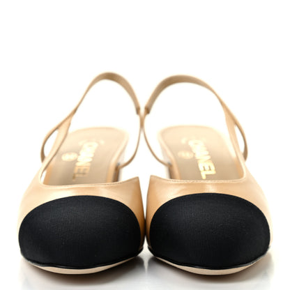 Chanel Goatskin Grosgrain Cap Toe CC Slingback Pumps 38 Beige Black 2 of 8