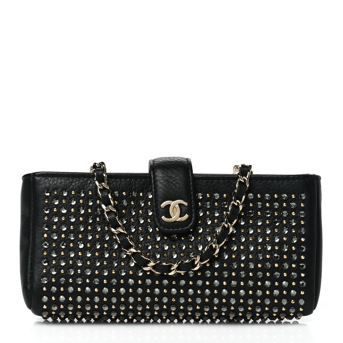 Calfskin Strass Studded Mini Phone Holder Clutch Black