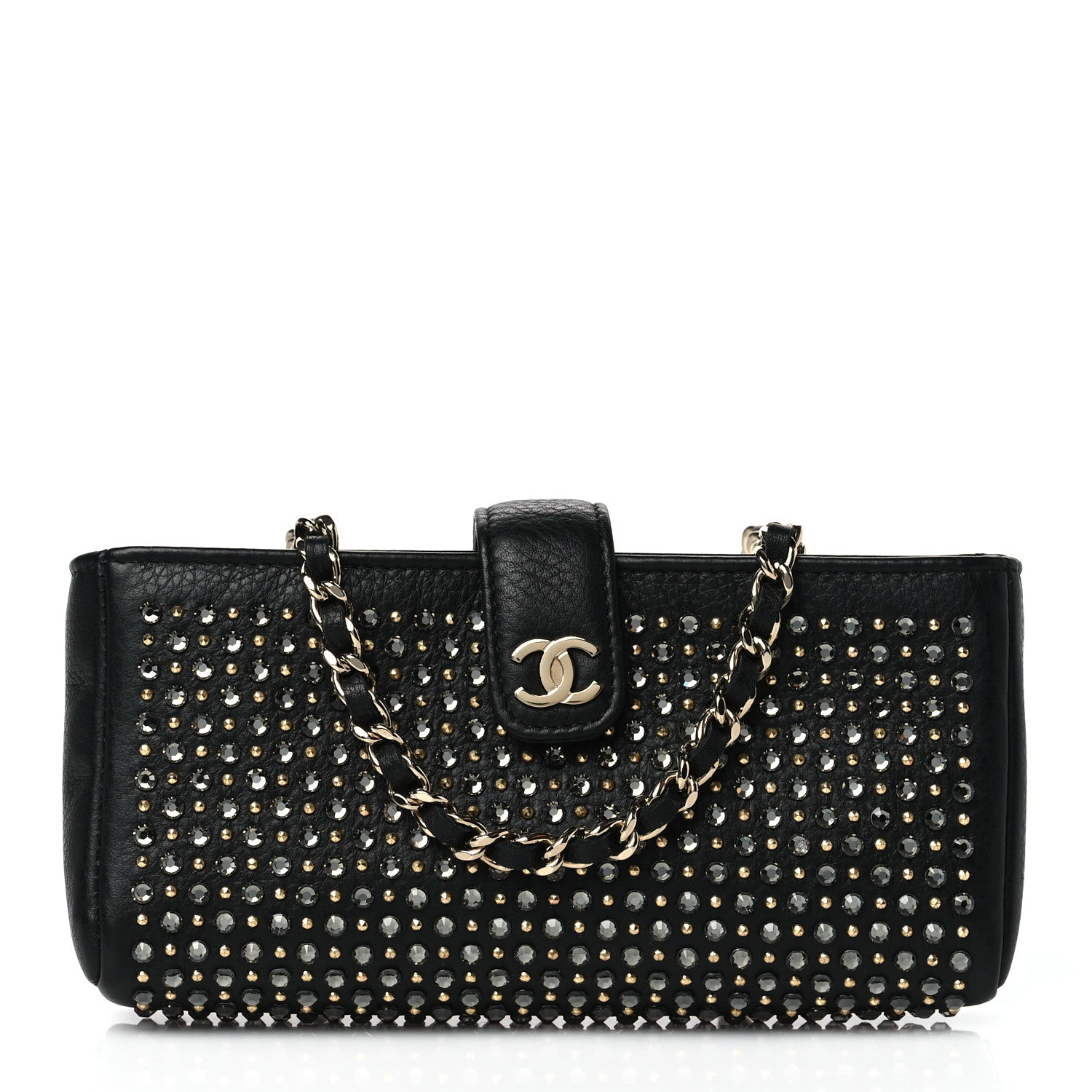 Chanel Calfskin Strass Studded Mini Phone Holder Clutch Black 1 of 9