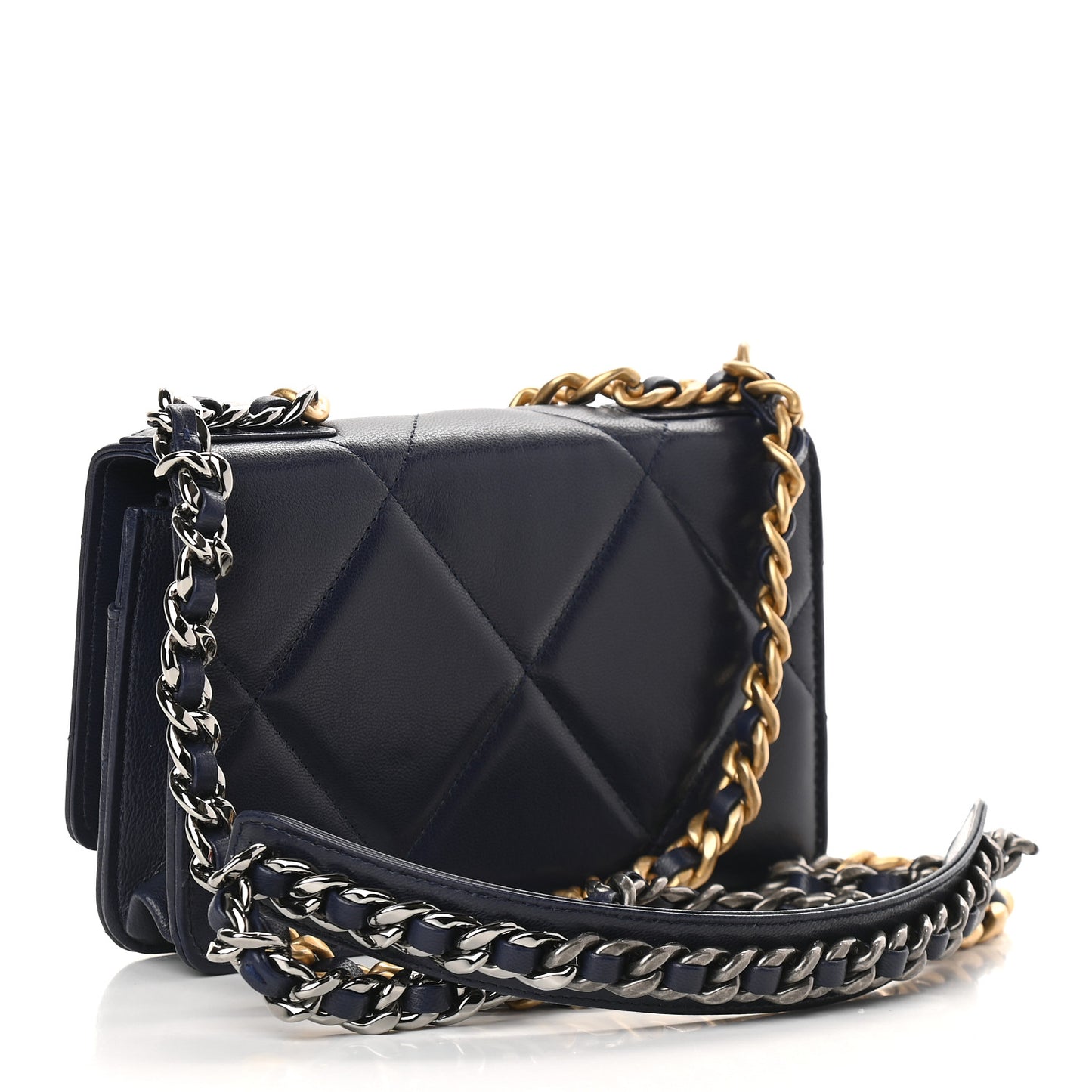Shiny Goatskin Quilted Chanel 19 Wallet On Chain WOC Dark Blue