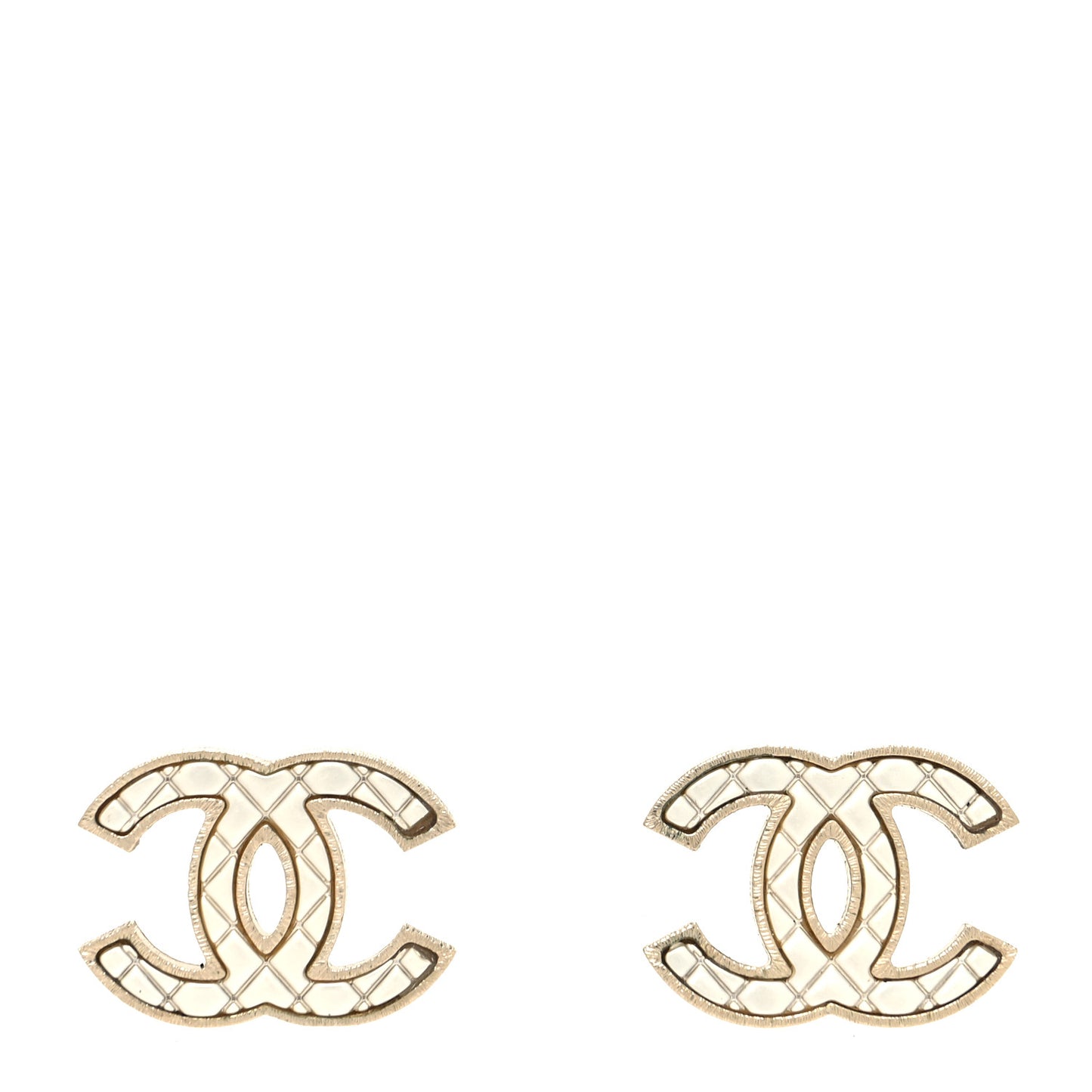 Metal Quilted CC Earrings Gold White