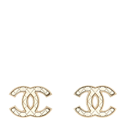 Chanel Metal Quilted CC Earrings Gold White 1 of 4