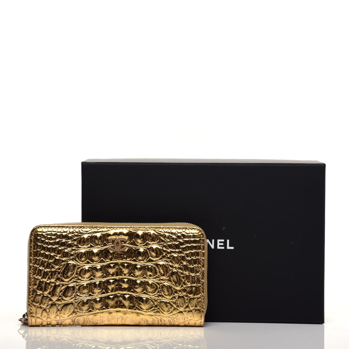Metallic Calfskin Crocodile Embossed Small Zip Wallet Gold