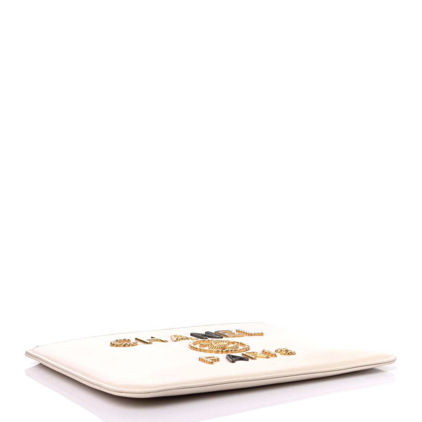 Calfskin Crystal Pearl Logo Cosmetic Case White