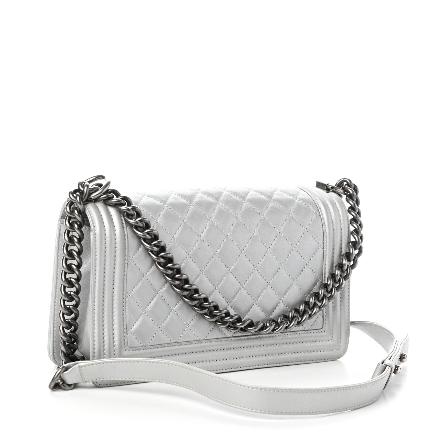 Metallic Calfskin Quilted Medium Boy Flap Silver