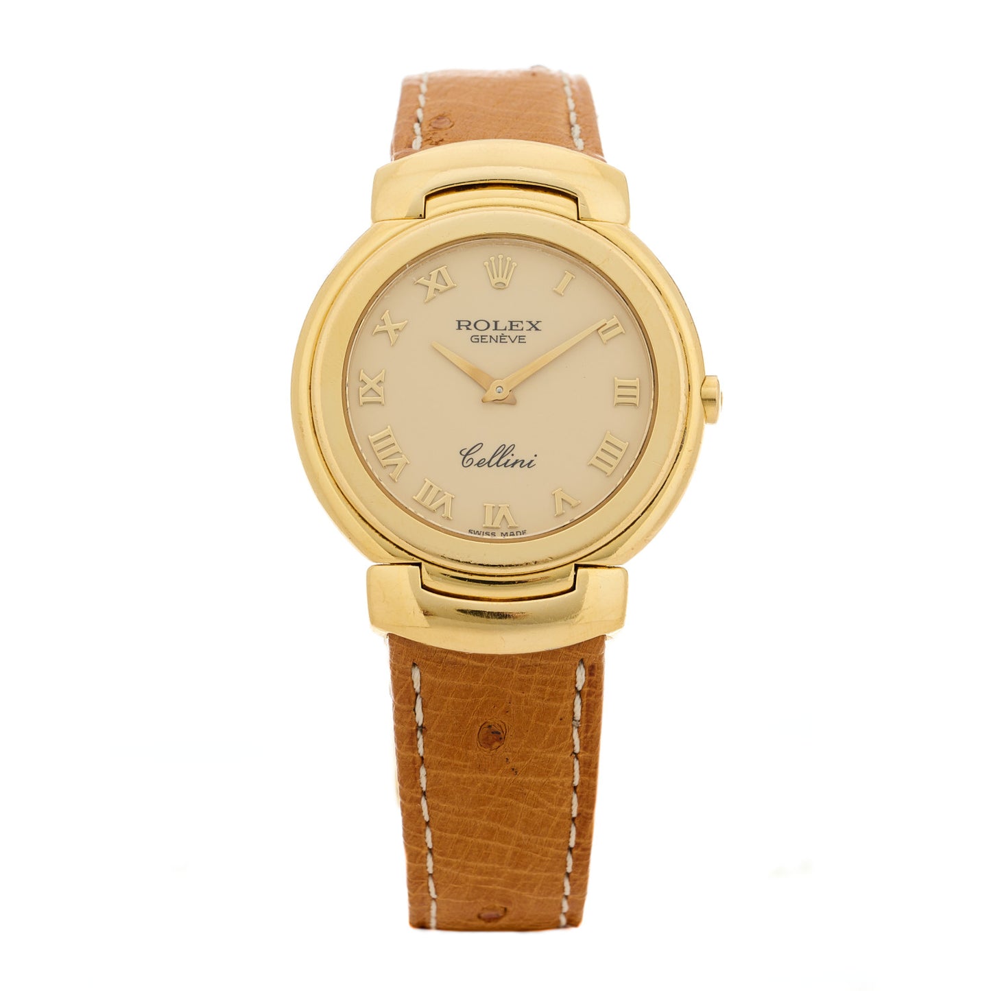 18K Yellow Gold Ostrich 33mm Cellini Quartz Watch Brown 6622