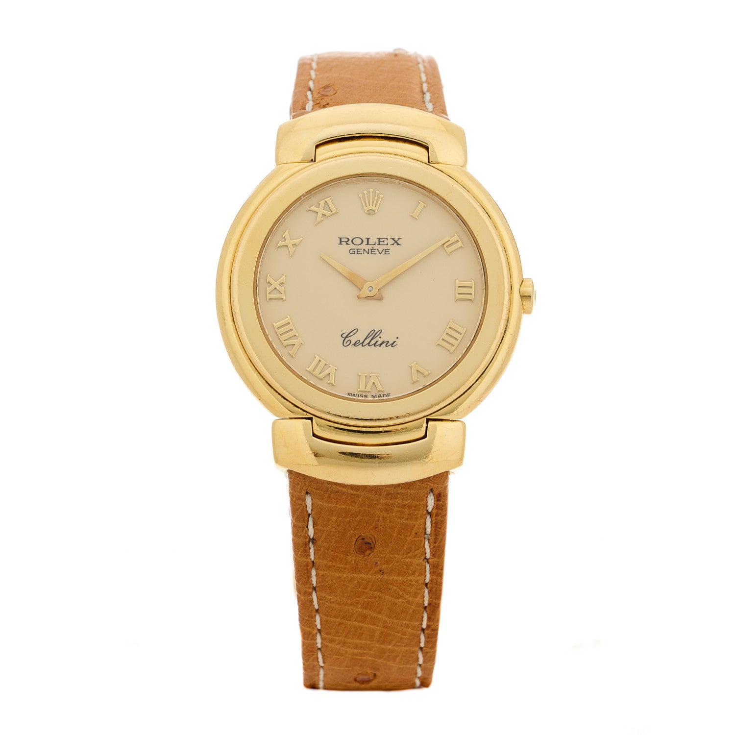 Rolex 18K Yellow Gold Ostrich 33mm Cellini Quartz Watch Brown 6622 1 of 4