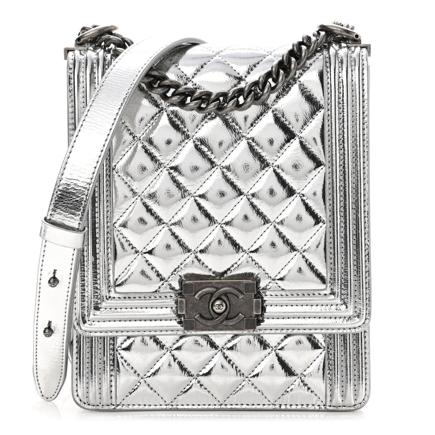 Metallic Goatskin Quilted North South Boy Flap Silver