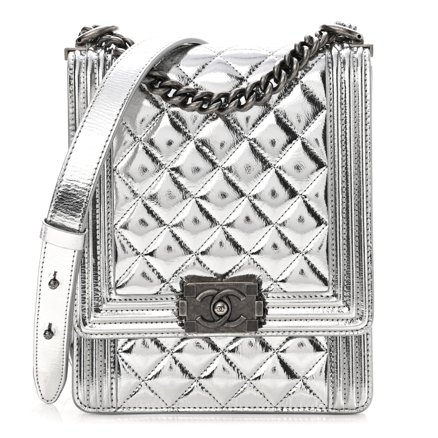 Chanel Metallic Goatskin Quilted North South Boy Flap Silver 1 of 11