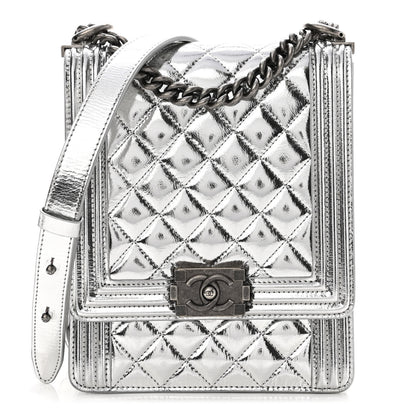 Chanel Metallic Goatskin Quilted North South Boy Flap Silver 1 of 11