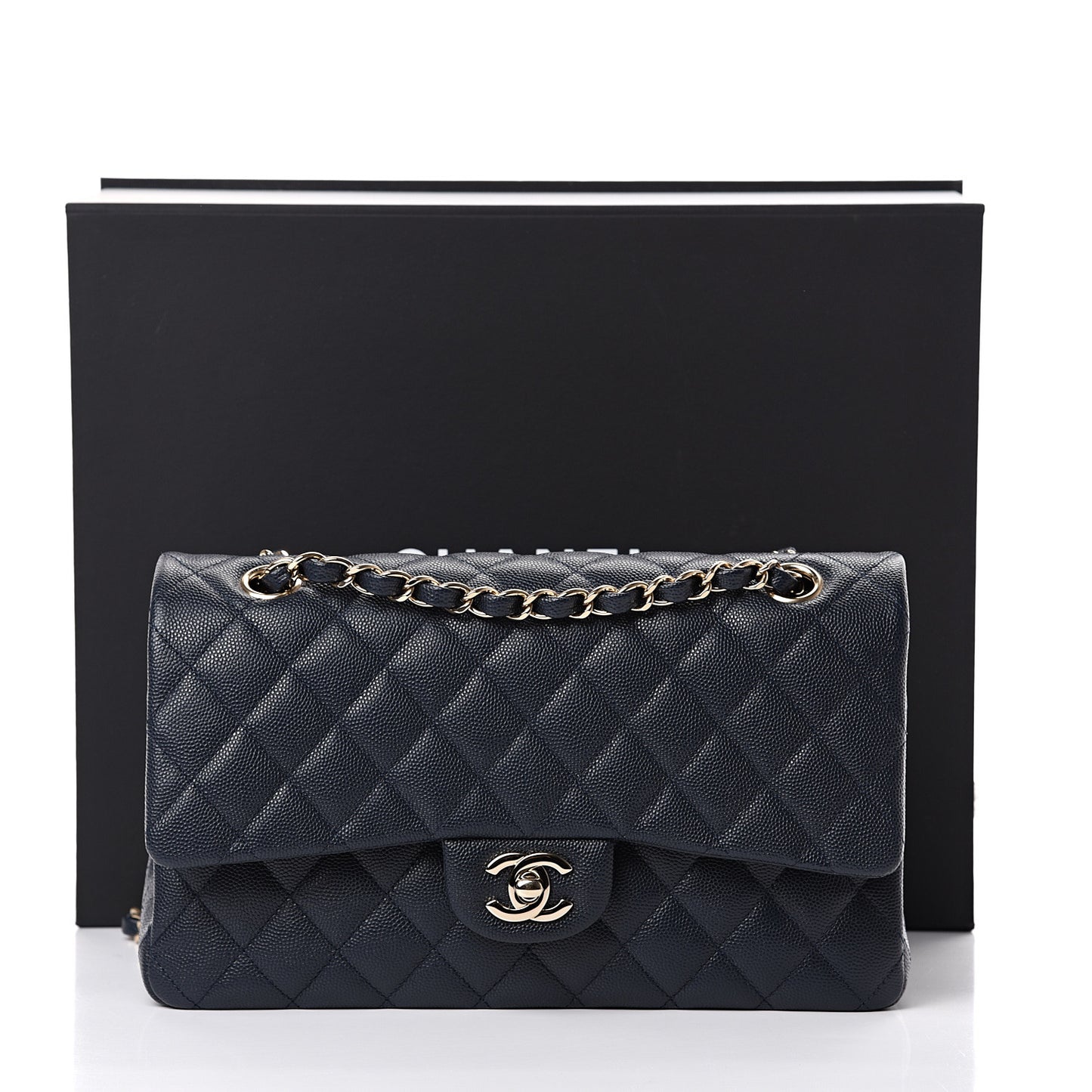 Caviar Quilted Medium Double Flap Dark Blue