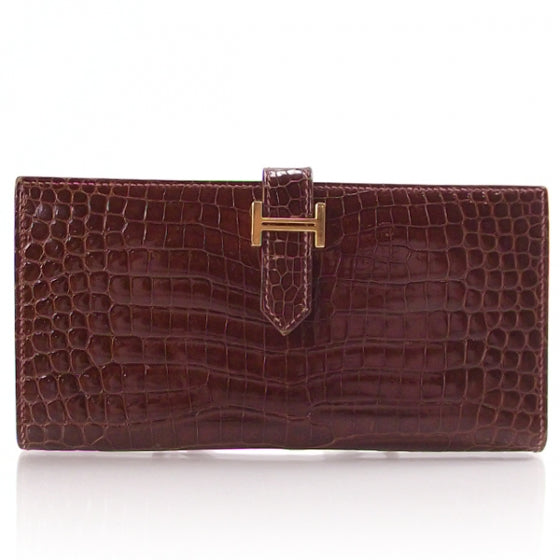 Hermes Crocodile Bearn Bi-Fold Wallet Brown 1 of 8