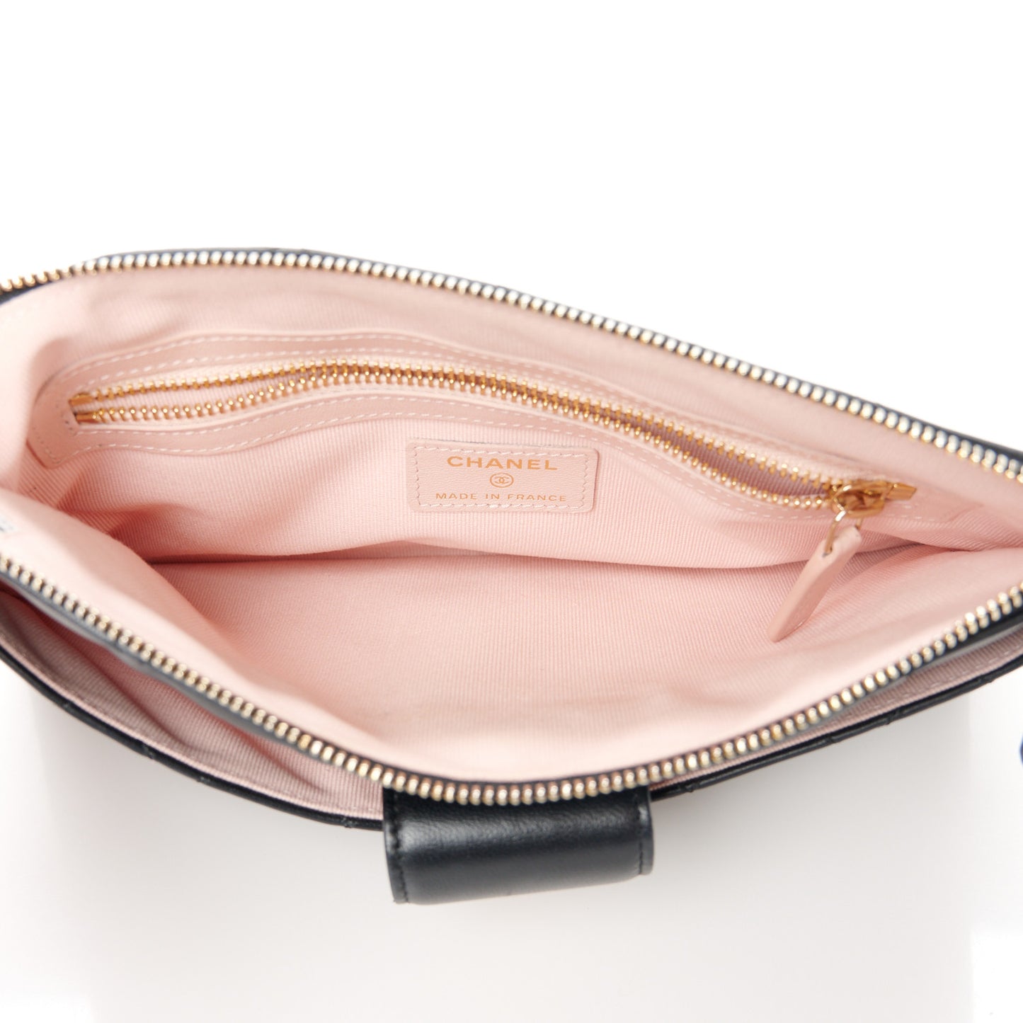 Lambskin Quilted Coco Mark Clutch Black Light Pink