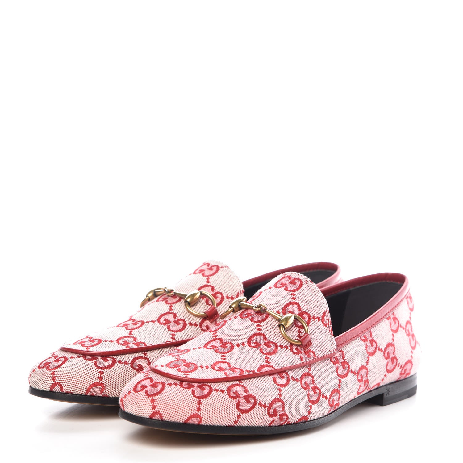 Gucci Canvas GG Monogram Horsebit Womens Jordaan Loafers 35.5 Gardenia Hibiscus Red 3 of 9