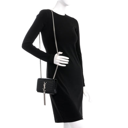 Saint Laurent Calfskin Crocodile Embossed Small Classic Monogram Tassel Satchel Black 2 of 6