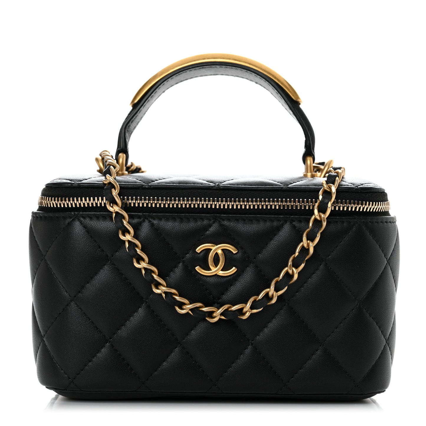 Lambskin Quilted Metal Small Top Handle Vanity Case With Chain Black