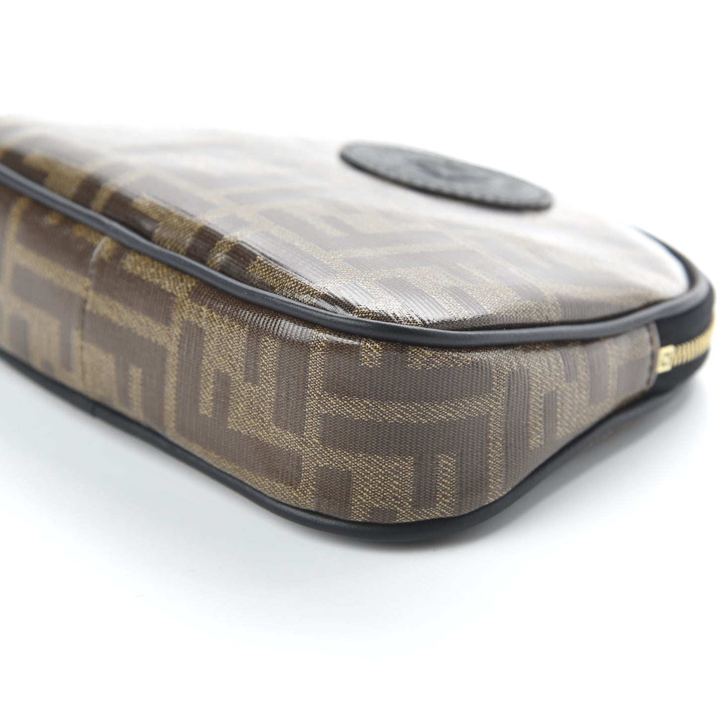 Glazed Fabric Vitello Century FF 1974 Stamp Patch Medium Cosmetic Case Mogano Panna Black