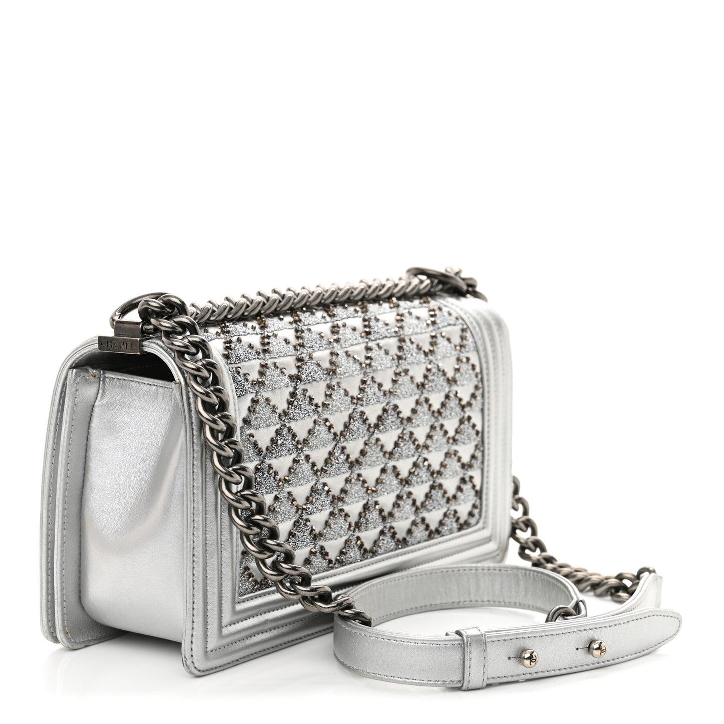 Metallic Lambskin Embellished Medium Boy Flap Silver