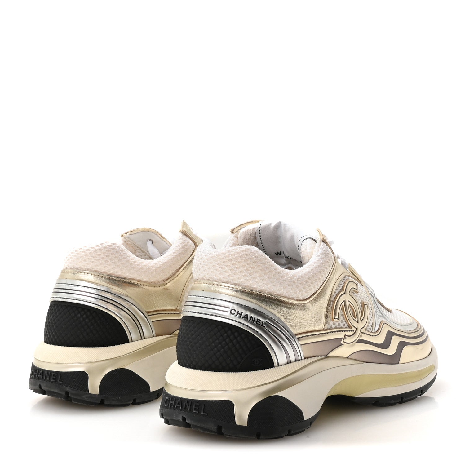 Chanel Fabric Laminated Calfskin Stretch CC Sneakers 39 White Gold Silver 5 of 8