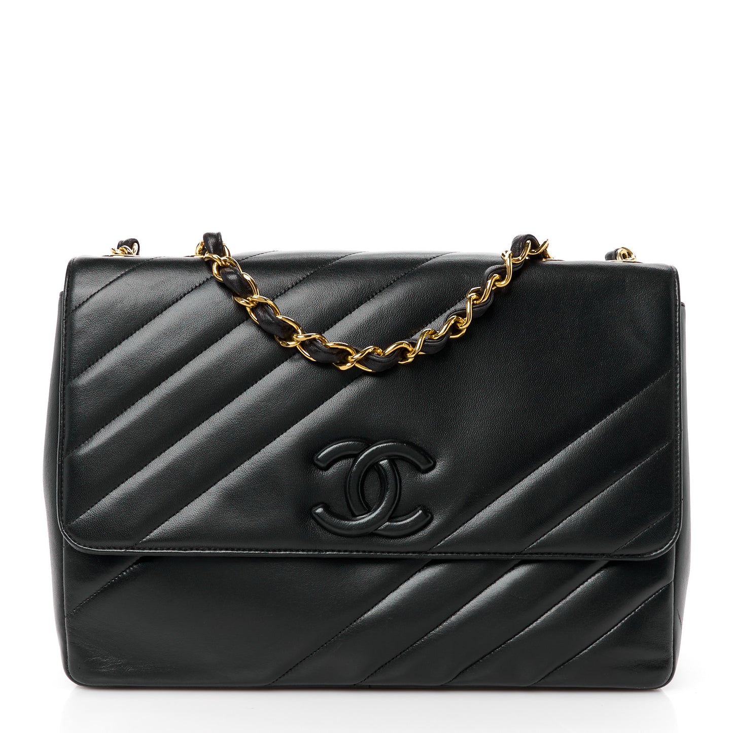 Lambskin Diagonal Quilted Jumbo Single Flap Black