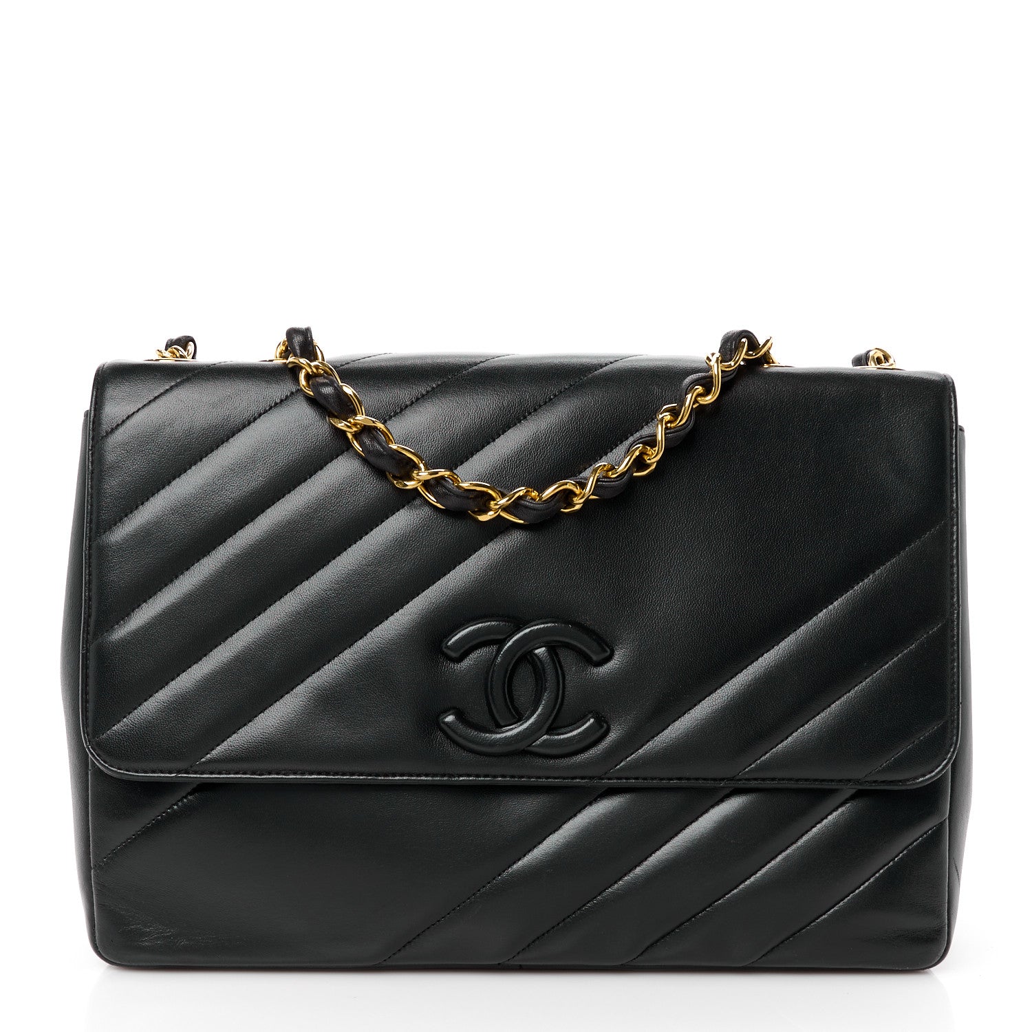 Chanel Lambskin Diagonal Quilted Jumbo Single Flap Black 1 of 11
