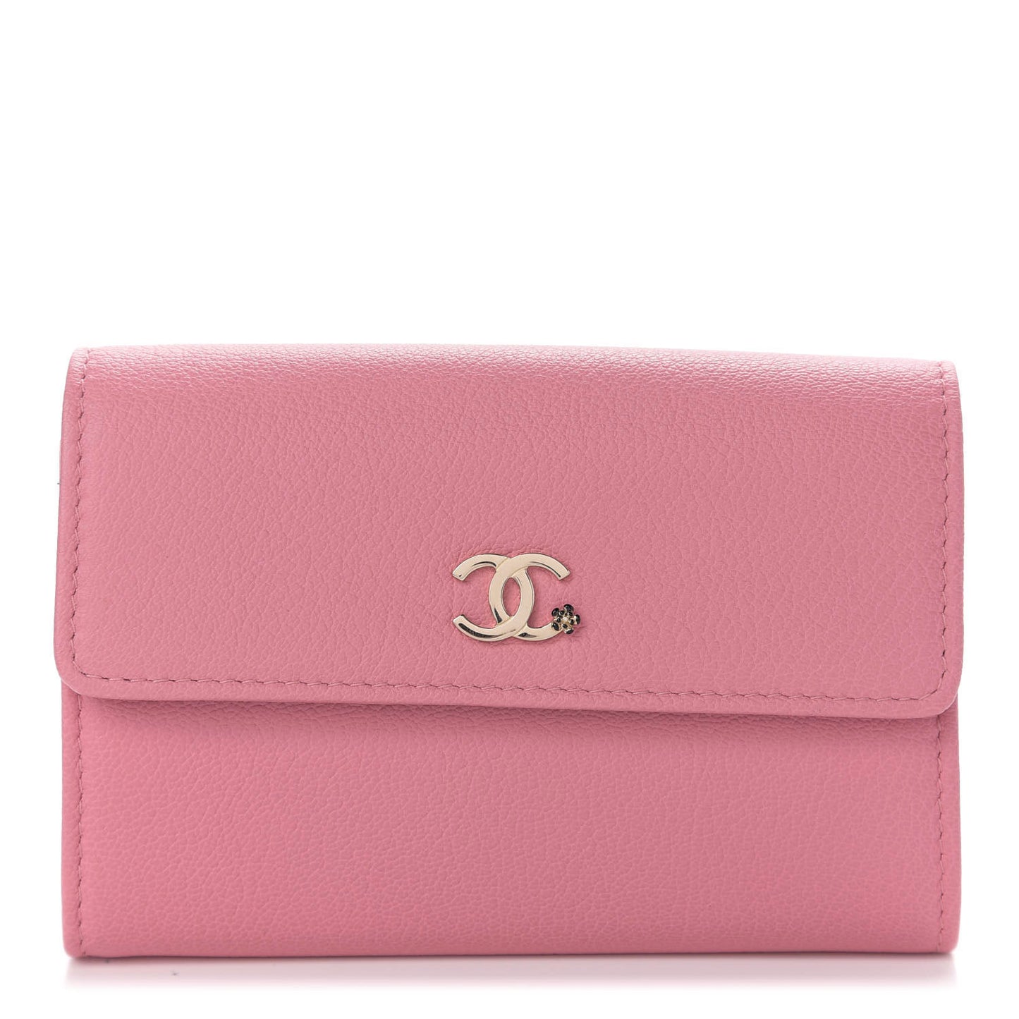 Goatskin Camellia CC Flap Card Holder Pink Black
