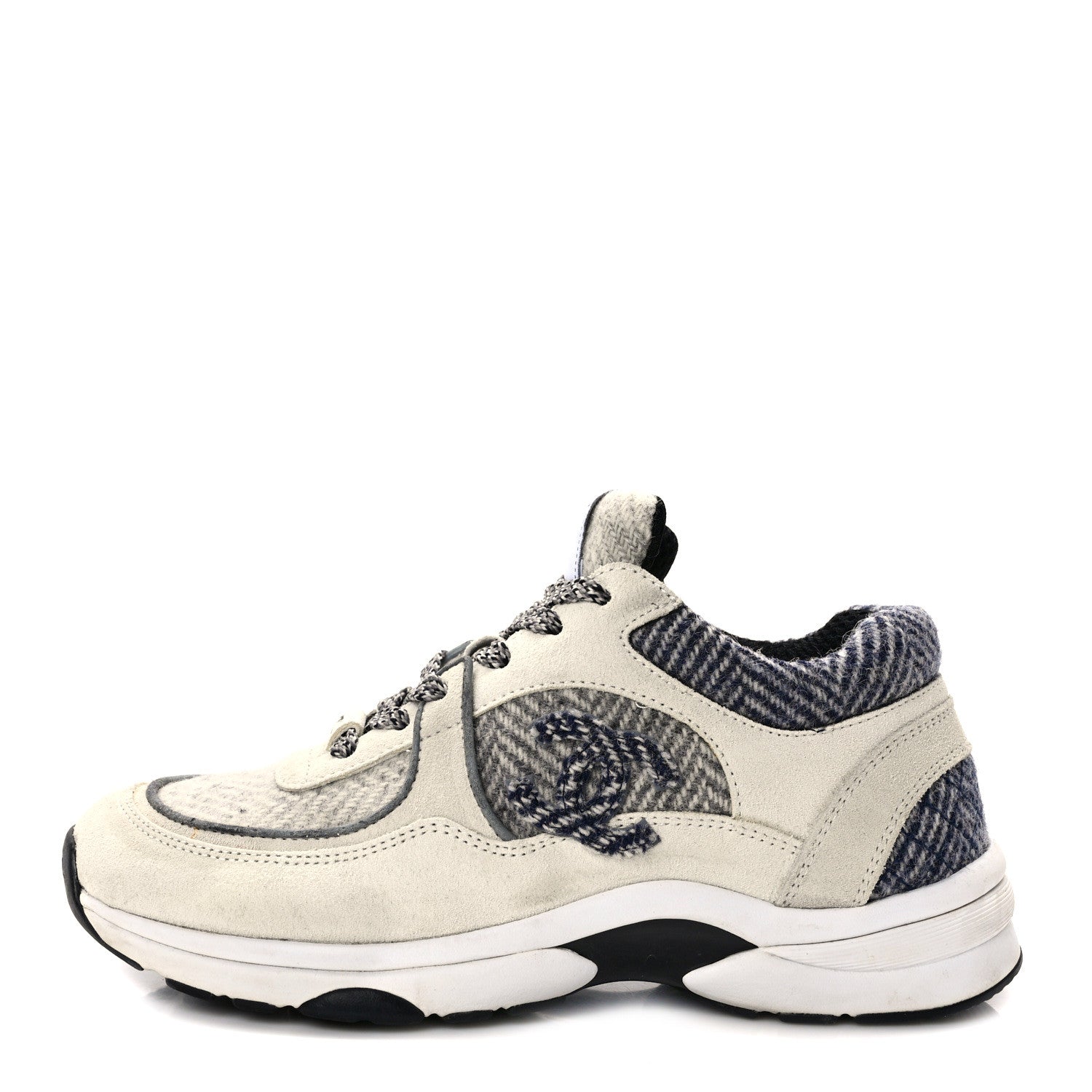 Chanel Fabric Suede Calfskin Womens CC Sneakers 37 Ivory Light Gray White Blue 1 of 11