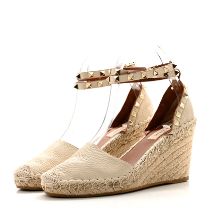 Valentino Garavani Grained Calfskin Rockstud Ankle Wrap Espadrille 15/85mm Wedges 37 Light Ivory 3 of 8