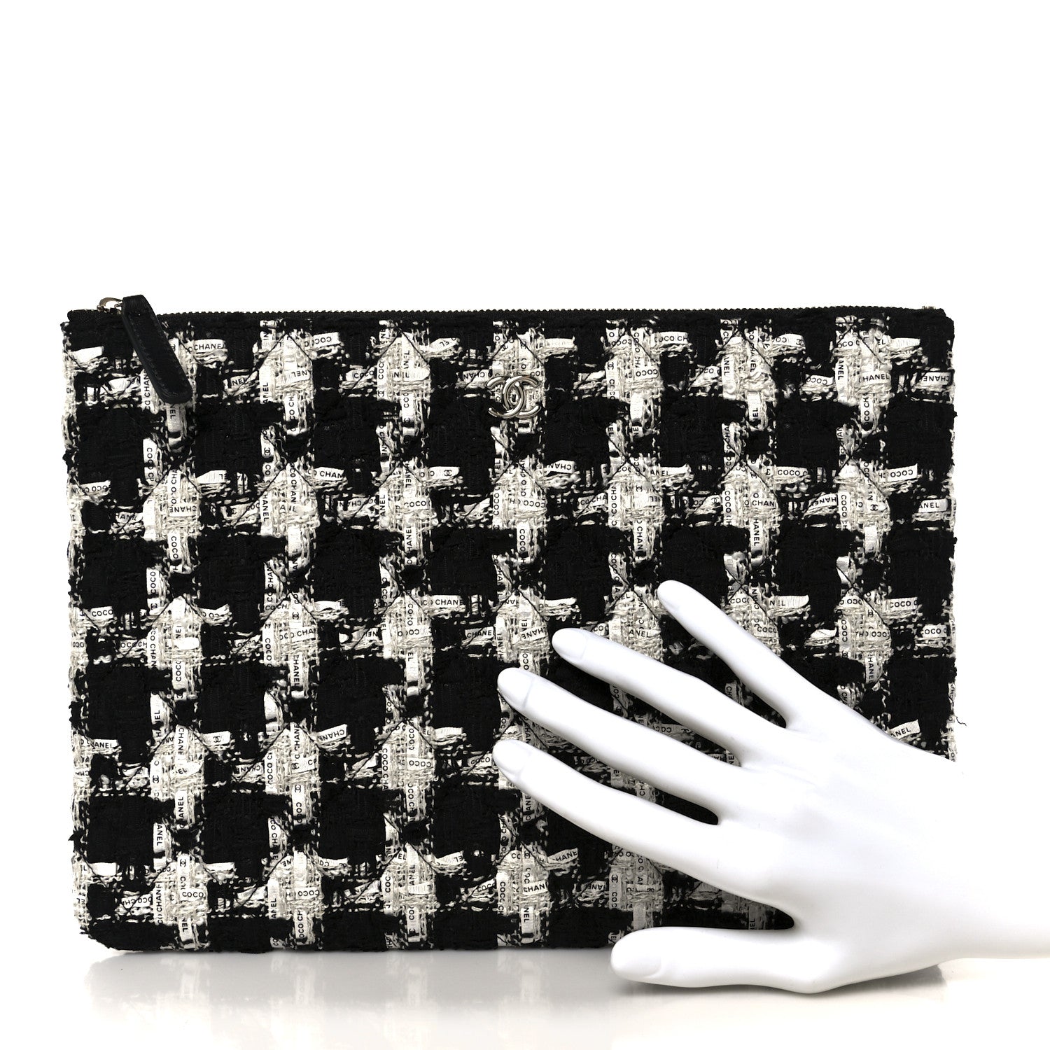 Chanel Tweed Quilted Medium Cosmetic Pouch Black Ecru White 2 of 8