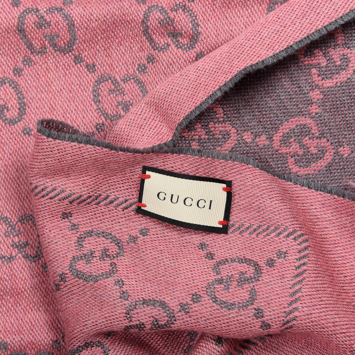 Gucci Wool Jacquard GG Monogram Sten Fringe Scarf Graphite Pink 3 of 4
