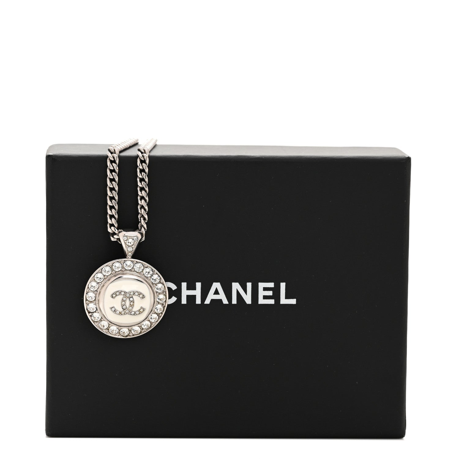 Chanel Crystal Enamel CC Pendant Necklace Silver White 1825815