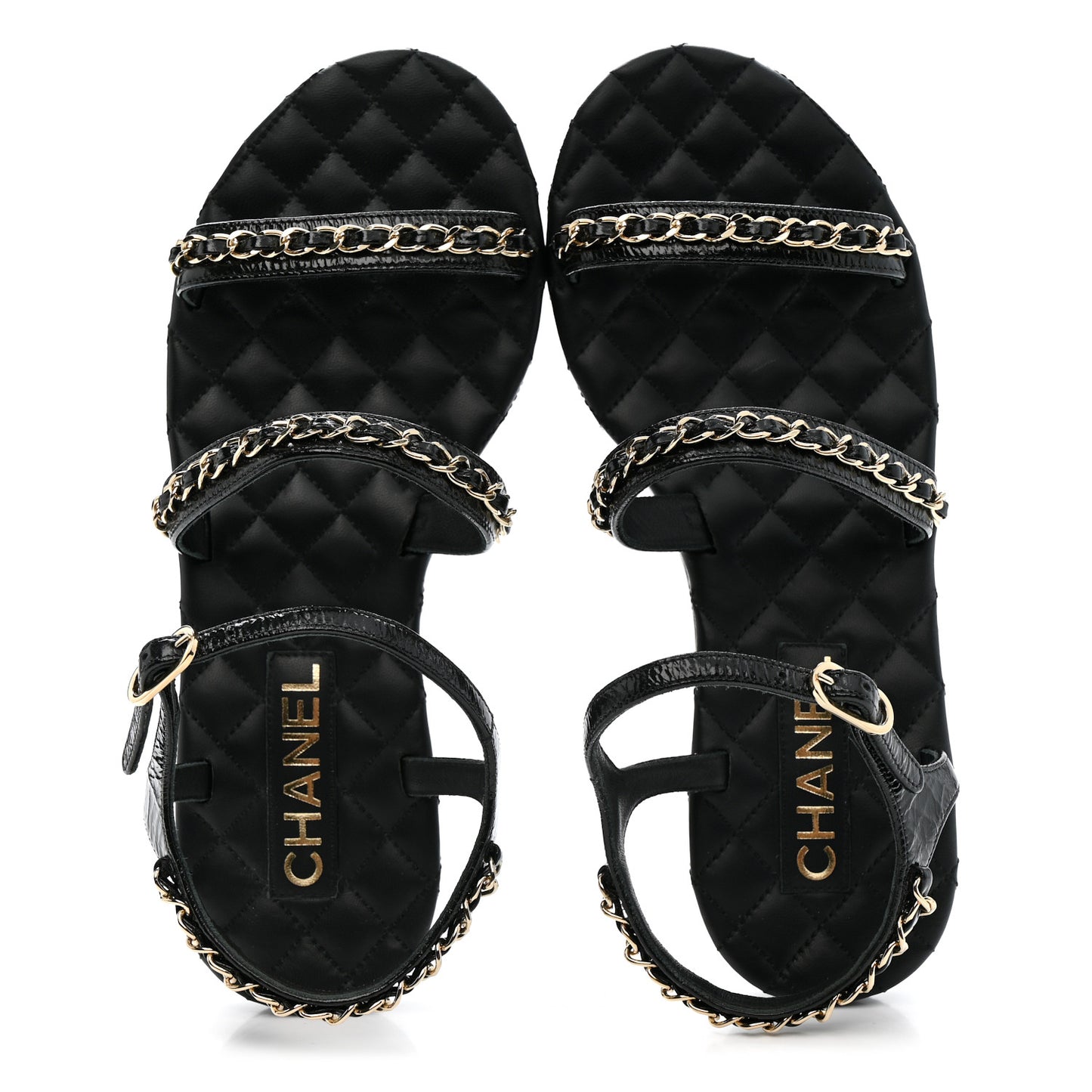 Crumpled Calfskin Chain Sandals 38 Black