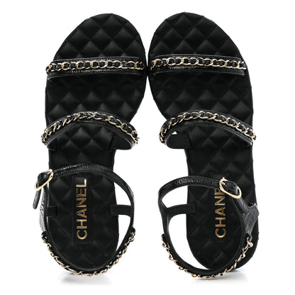 Chanel Crumpled Calfskin Chain Sandals 38 Black 2 of 12