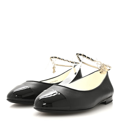 Chanel Lambskin Patent Calfskin Cap Toe Ankle Chain Ballerina Flats 36.5 Black 4 of 8