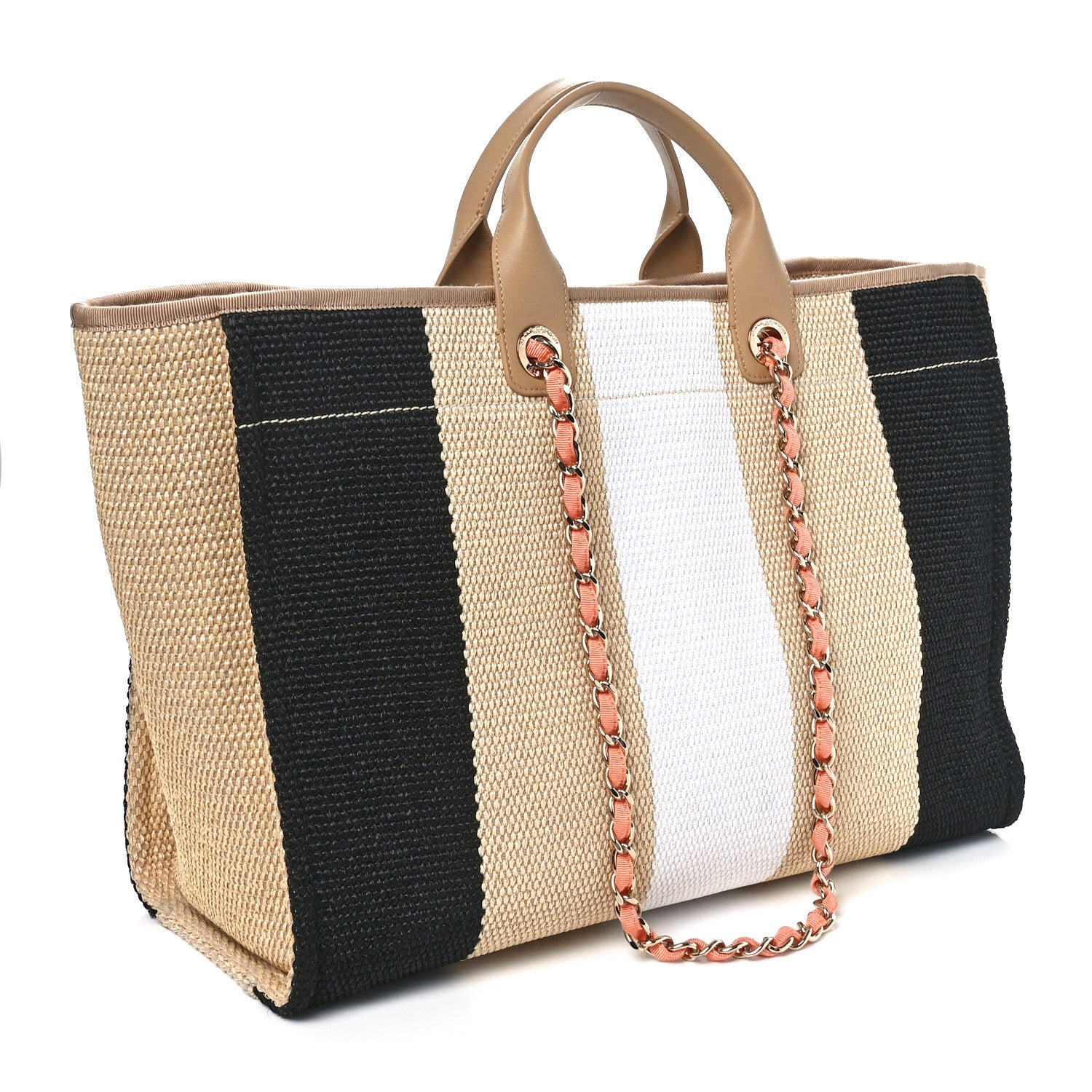 Chanel Straw Raffia Calfskin Striped Large Deauville Tote Black Beige Ivory 2 of 10