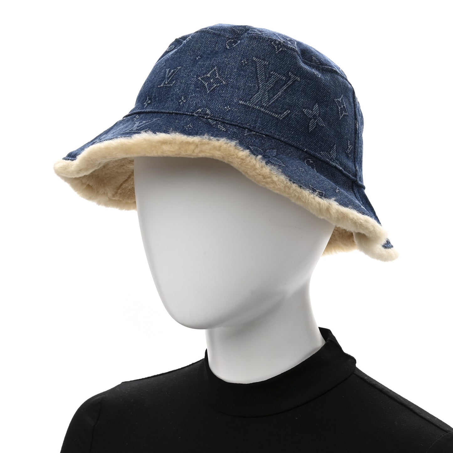 Monogram Denim Shearling Bucket Hat L Blue