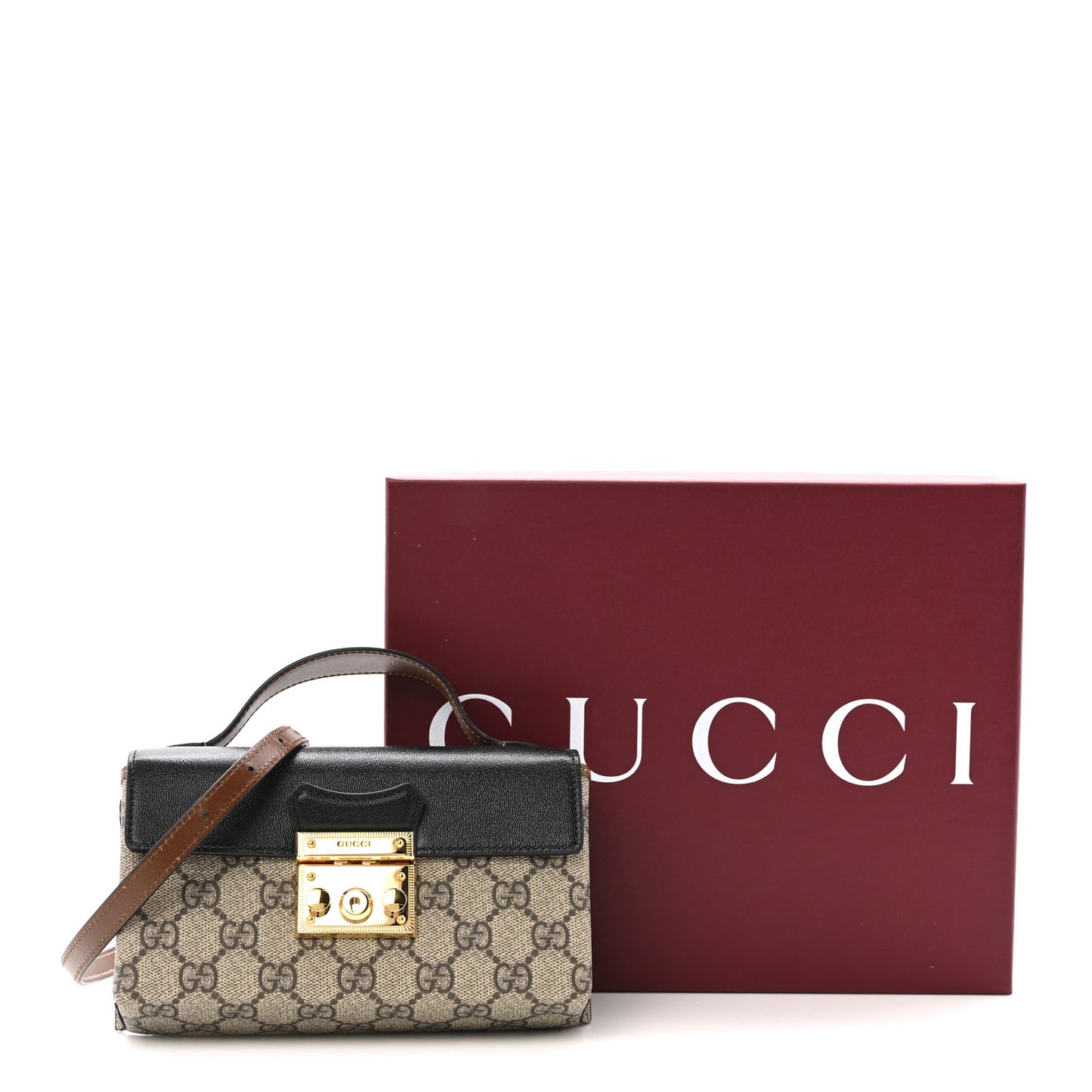 GG Supreme Monogram Calfskin Mini Padlock Top Handle Shoulder Bag Beige Black Cuir