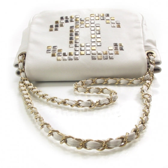Leather Metal Mosaic Studs Flap White