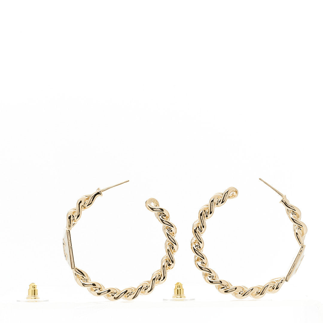 Metal Enamel CC Square Chain Hoop Earrings Gold White