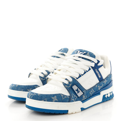 Louis Vuitton Calfskin Embossed Monogram Denim Mens LV Trainer Sneakers 7.5 Blue 3 of 9