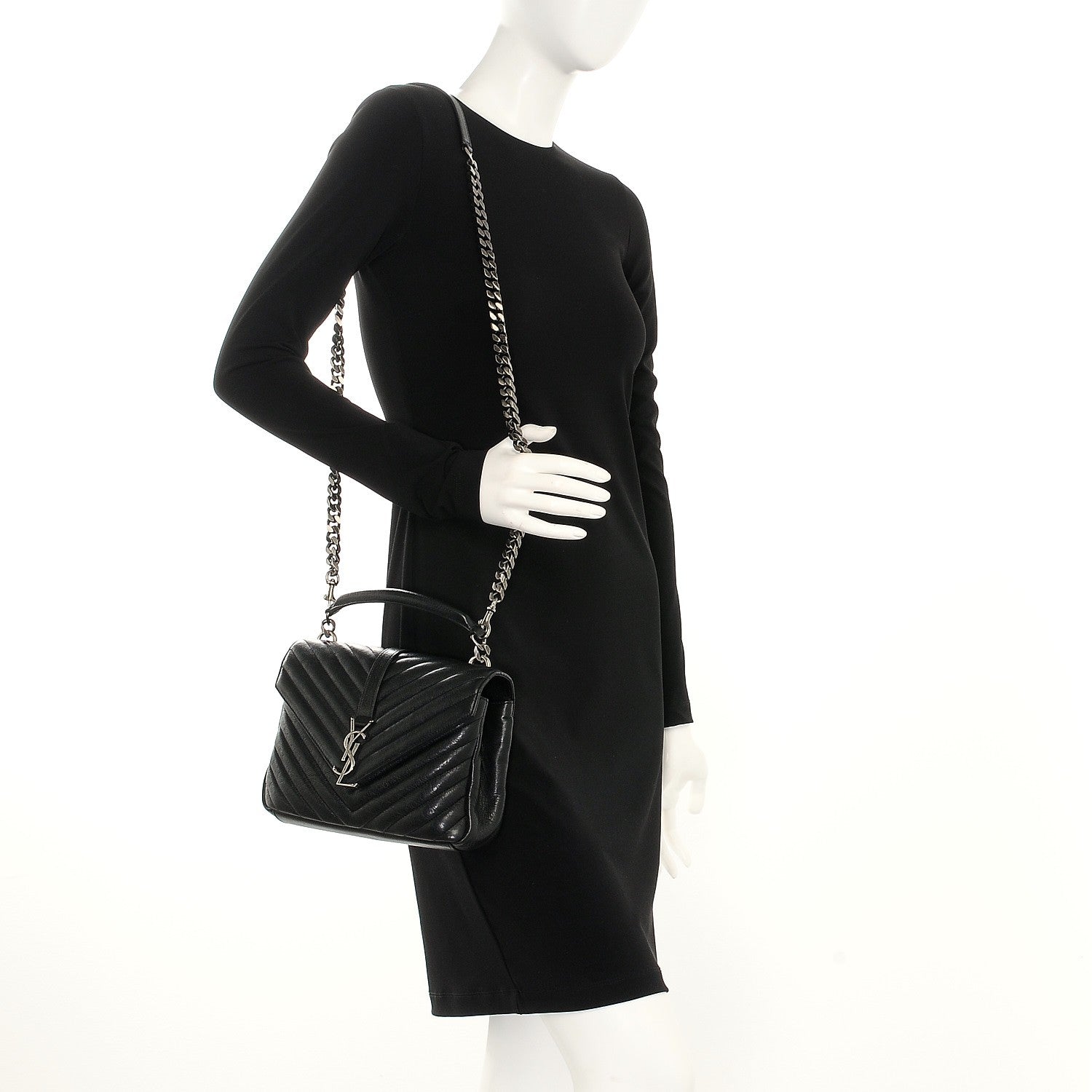 Saint Laurent Sheepskin Matelasse Chevron Monogram Medium College Bag Black 2 of 8
