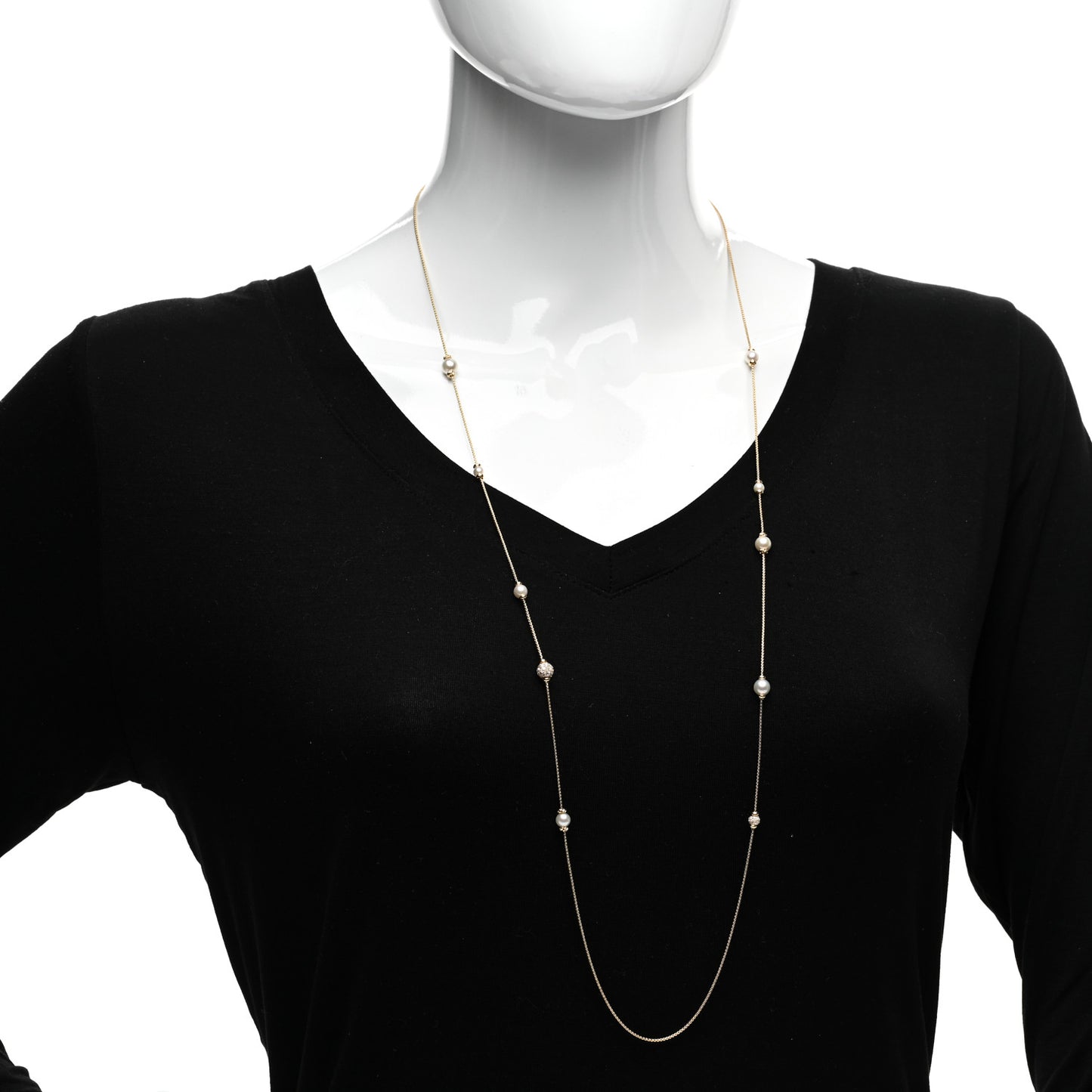 18K Yellow Gold Diamond Pearl Solari Long Station Necklace