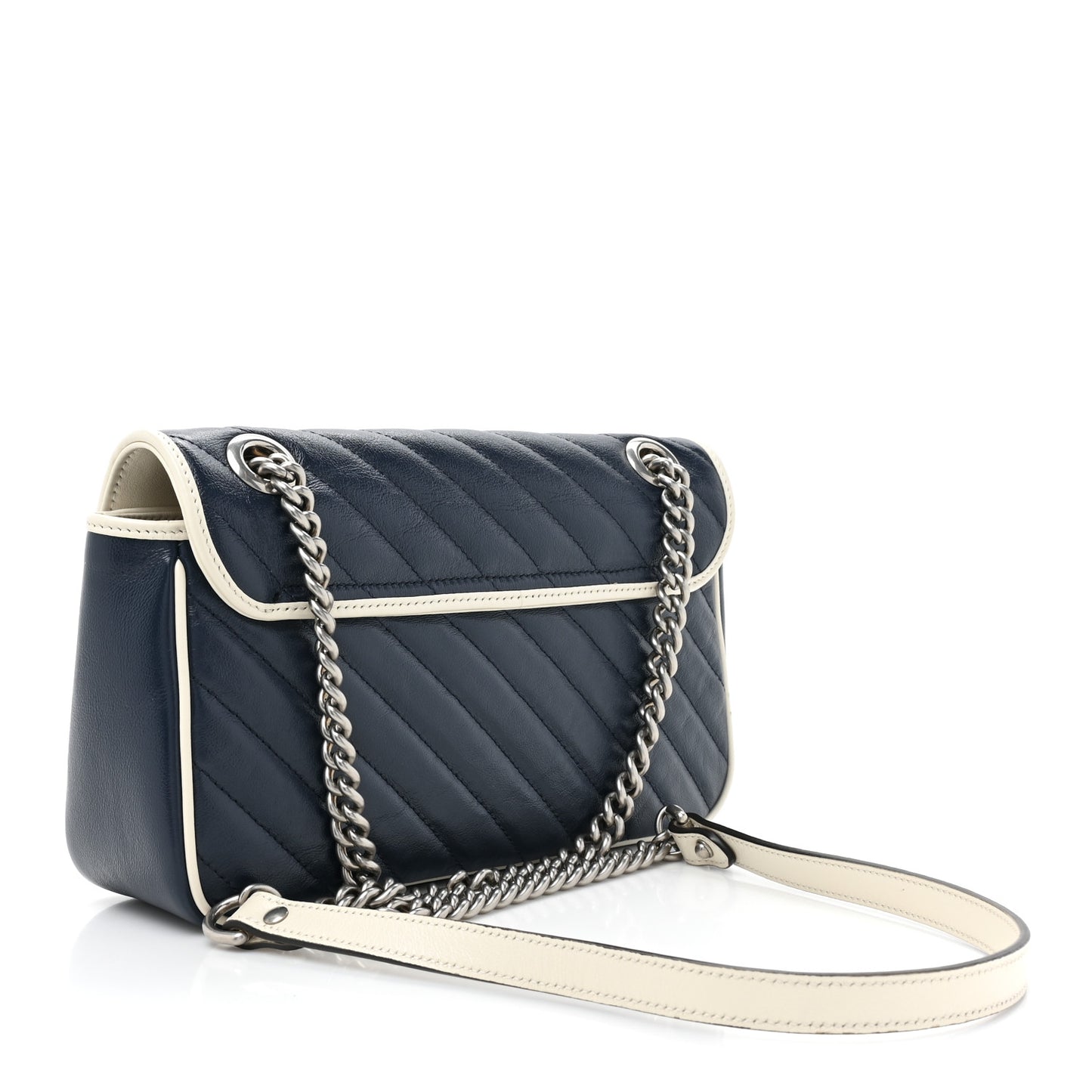Vintage Effect Calfskin Matelasse Diagonal Small Torchon GG Marmont Shoulder Bag Blue Agata Mystic White