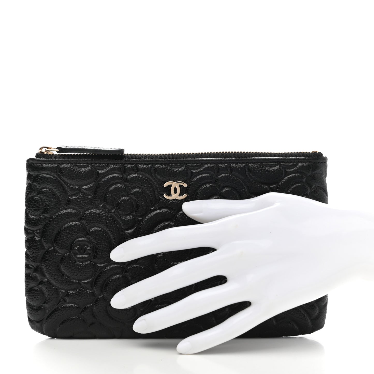 Caviar Camellia Embossed Small Pouch Black