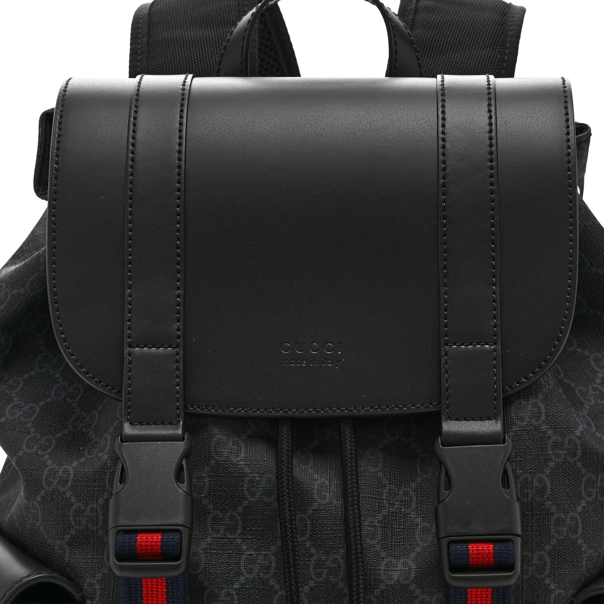 Soft GG Supreme Monogram Calfskin Web Double Buckle Backpack Black