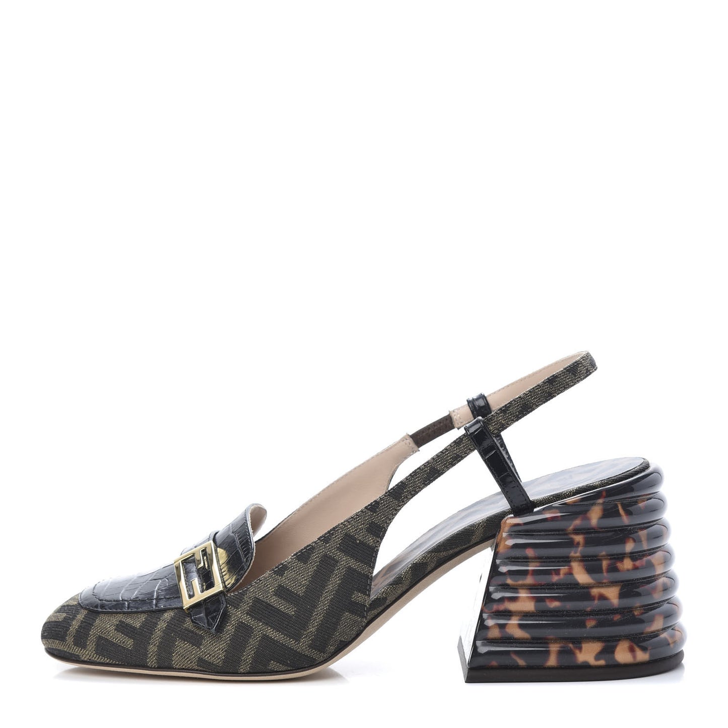Jacquard Calfskin FF Tortoise Promenade Slingback Loafer Pumps 40 Tobacco