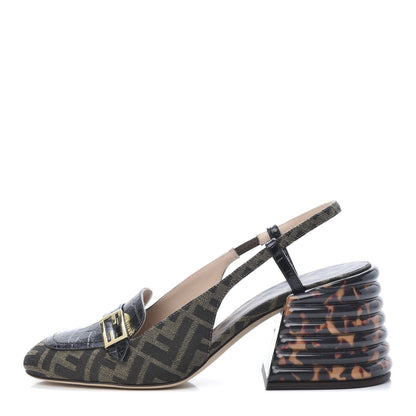 Fendi Jacquard Calfskin FF Tortoise Promenade Slingback Loafer Pumps 40 Tobacco 1 of 8