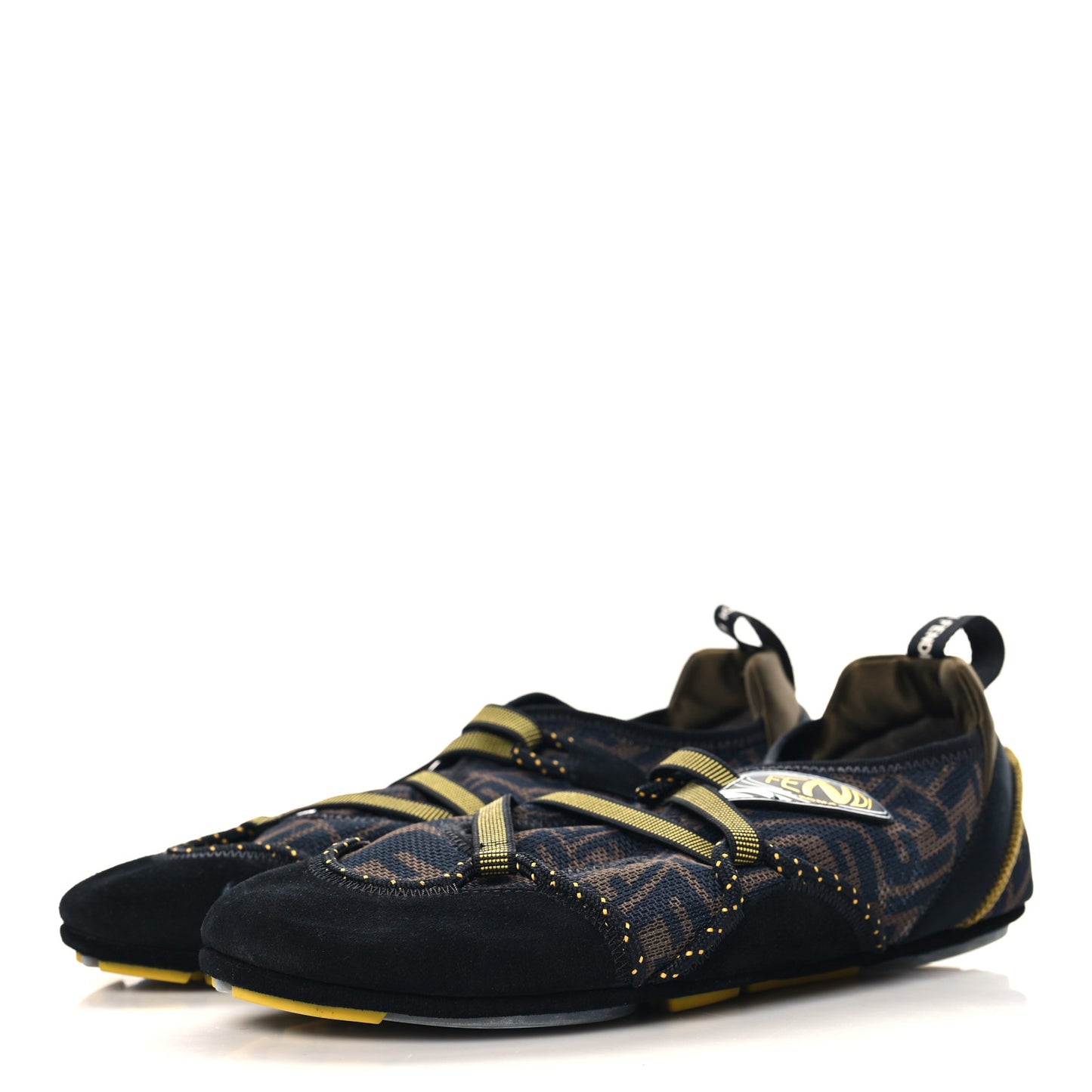 X SARAH COLEMAN Suede Mesh Satin FF Vertigo Womens Flex Sneakers 40 Black Tobacco Moro